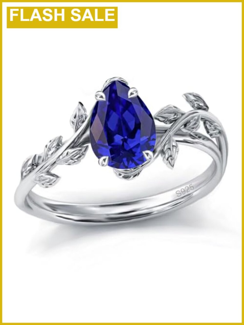 925 Sterling Silver Pear Created Sapphire Promise Ring Leaf Solitaire